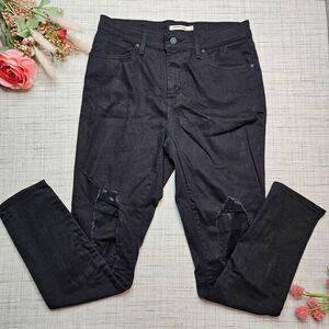 Levi's 721 High‎ Rise Skinny Black Distressed Ripped Knee Jeans Size 31